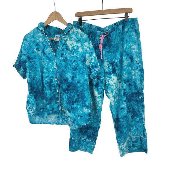 Lands' End Other - Lands End Pajama 2 Pc Set Womens 1X Blue Tie Dye Button Top Pants Loungewear